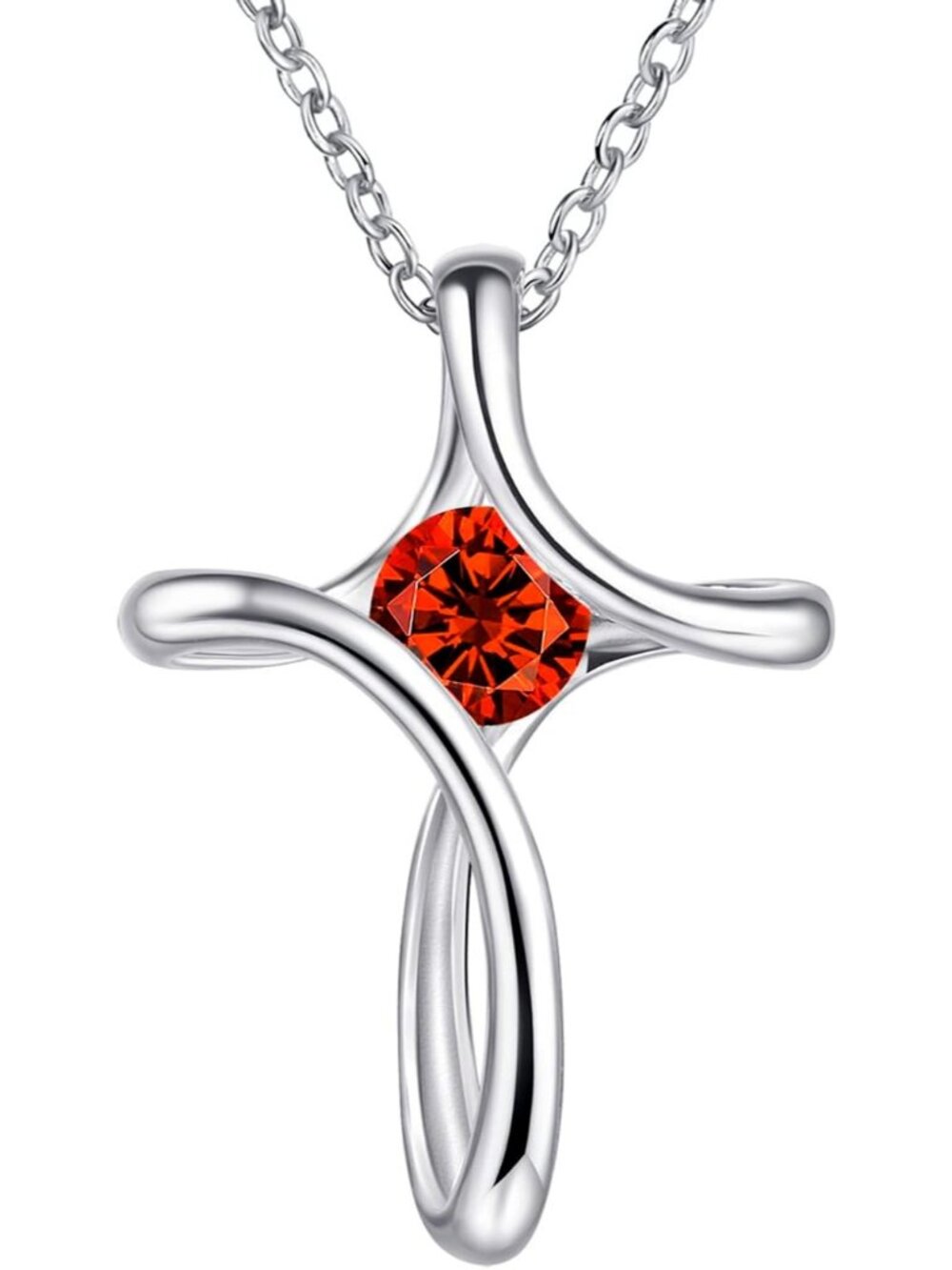 Women's Red Diamond Sideways Sterling Silver Birthstone Cross Necklace Chain